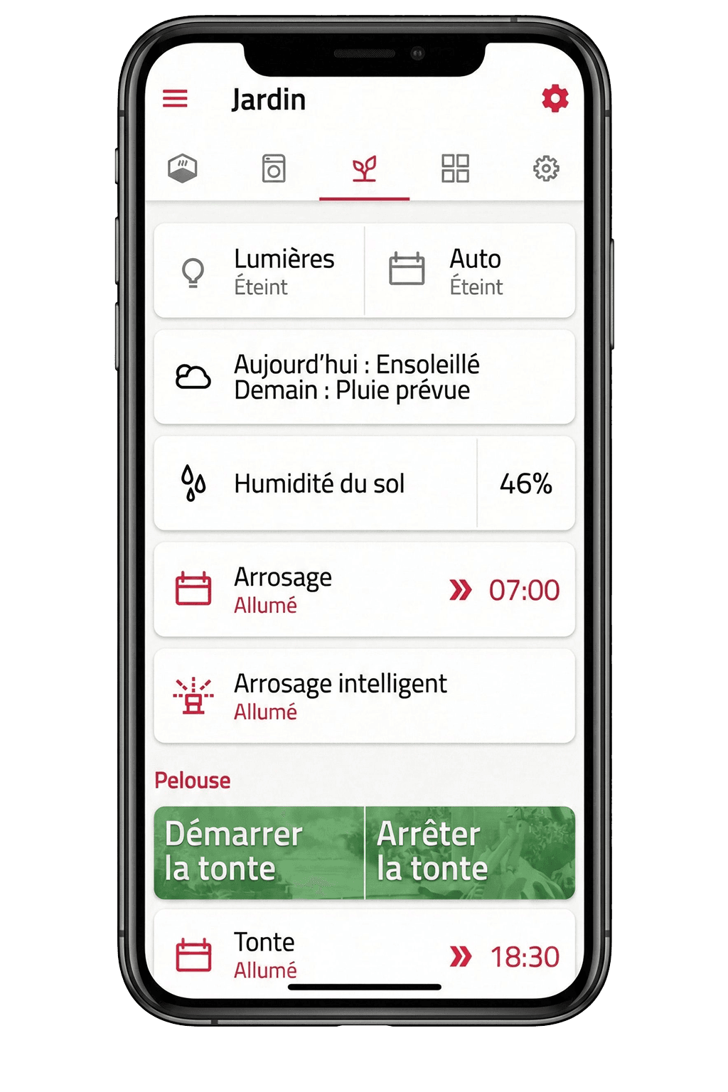 Application myGrenton sur smartphone, écran de pilotage du jardin
