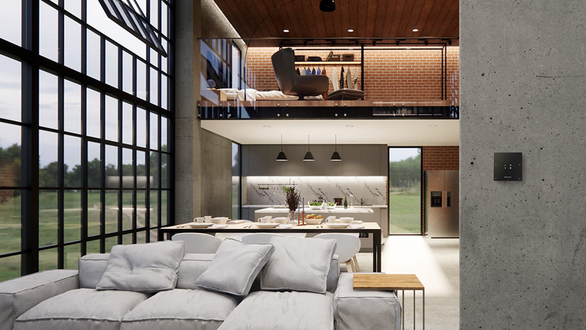 Intérieur contemporain équipé d’un panneau Grenton