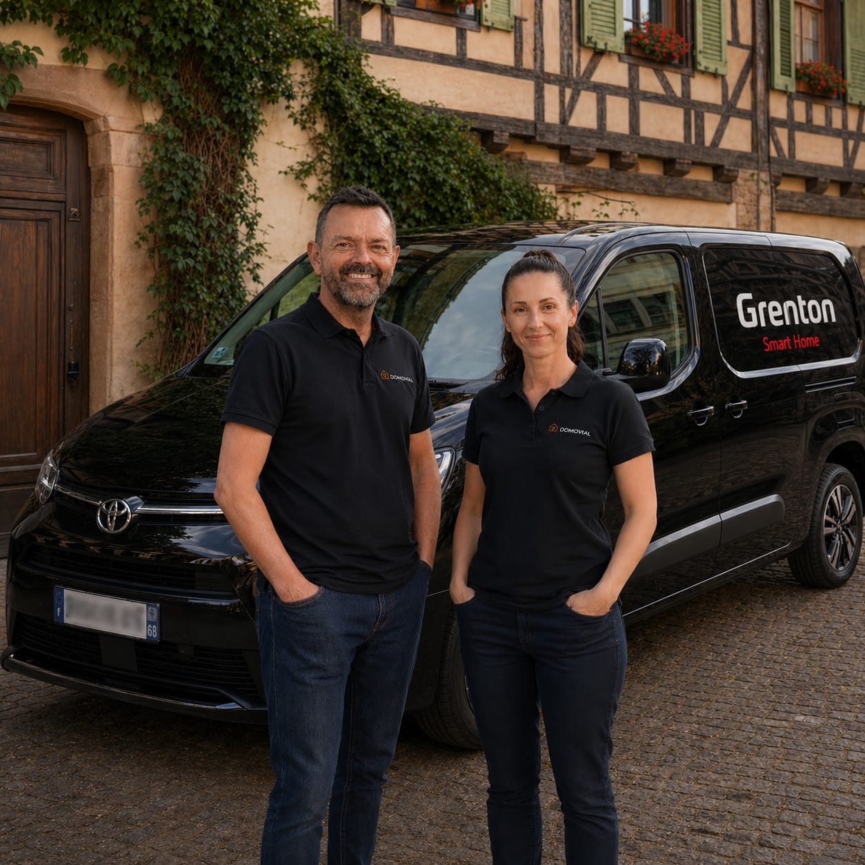 Felix et Sylwia, fondateurs de Domovial, devant le véhicule showroom mobile Grenton en Alsace
