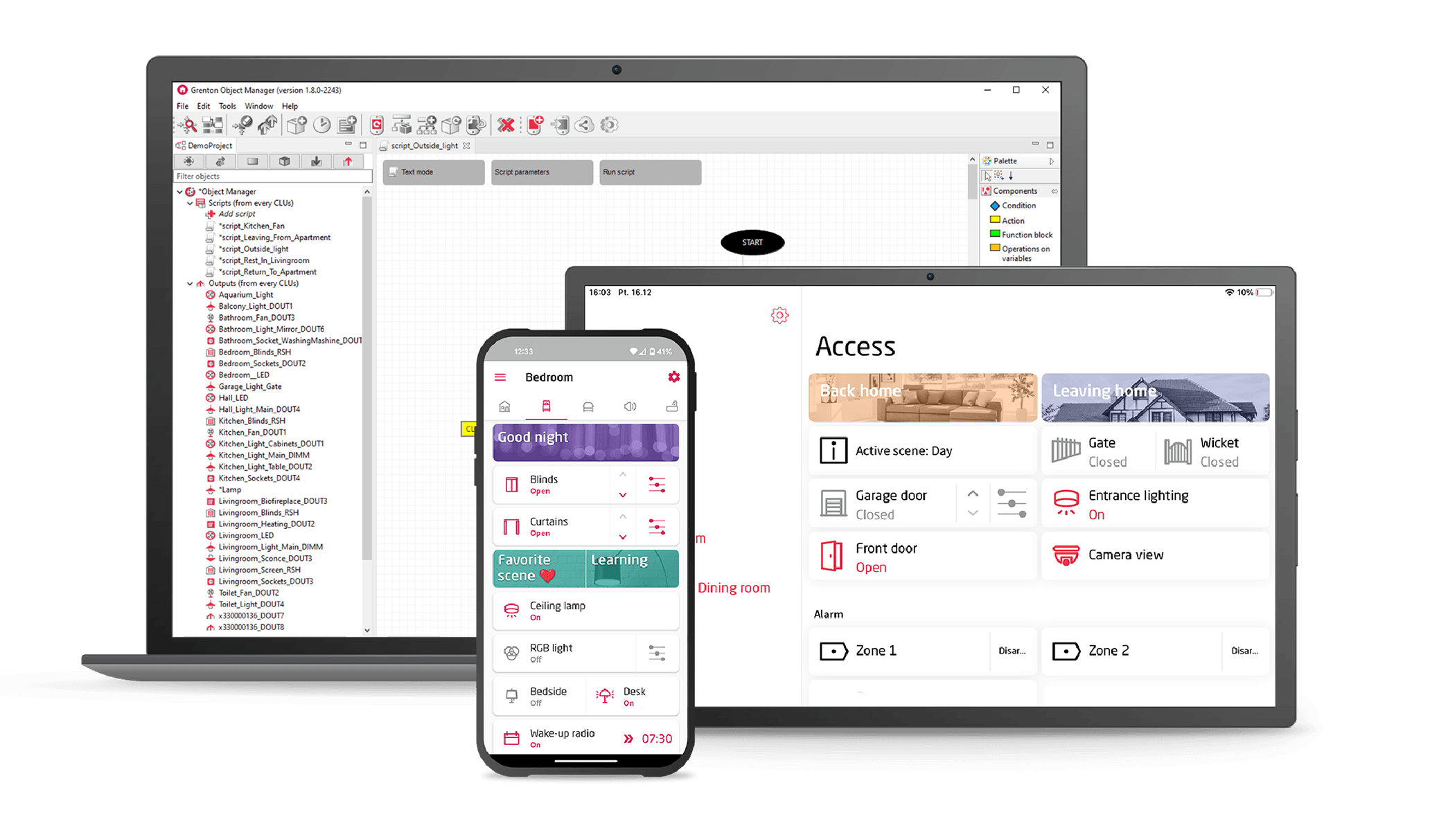 Object Manager sur ordinateur, application myGrenton sur tablette et smartphone