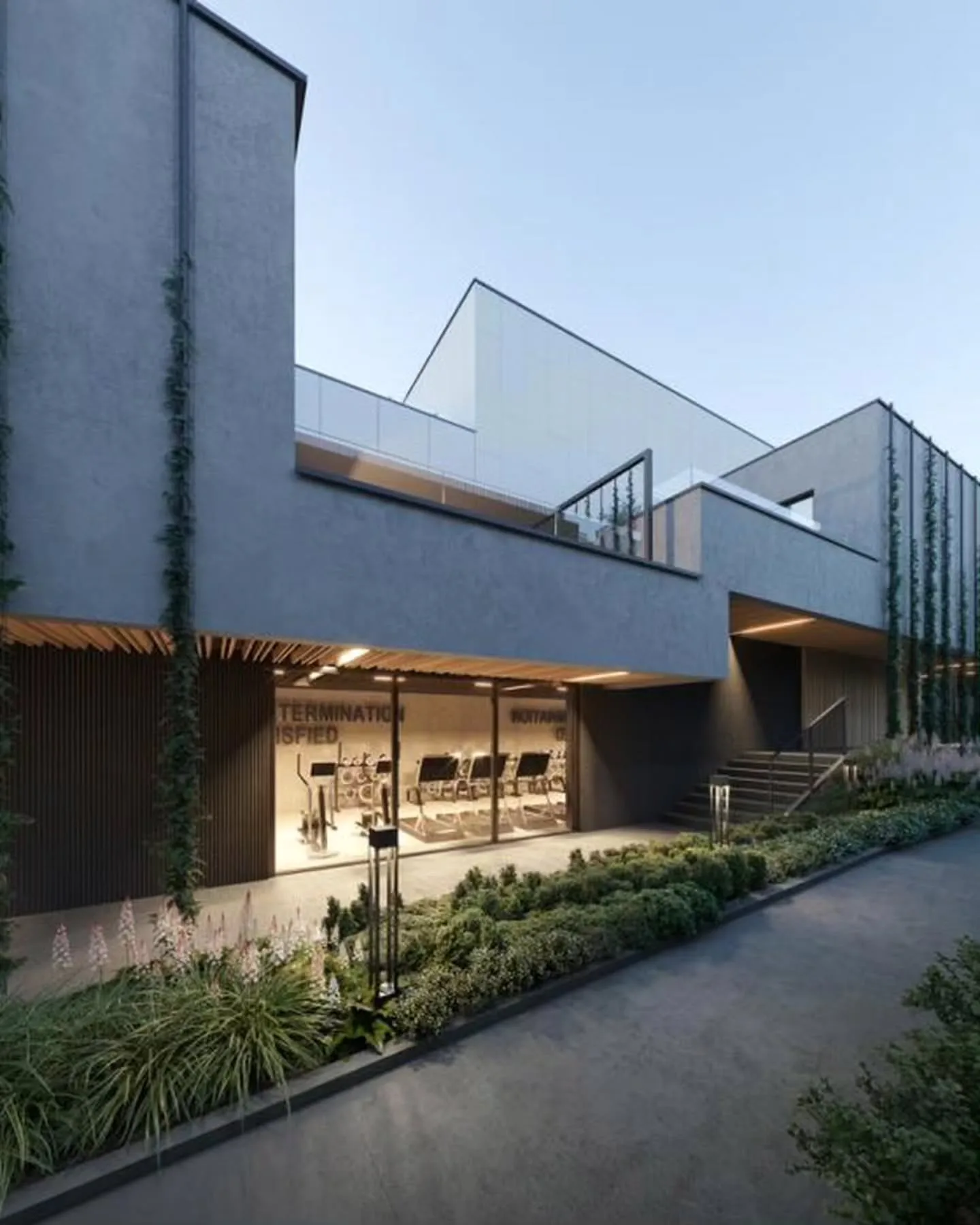 Maison contemporaine au crépuscule, résidence équipée de Grenton